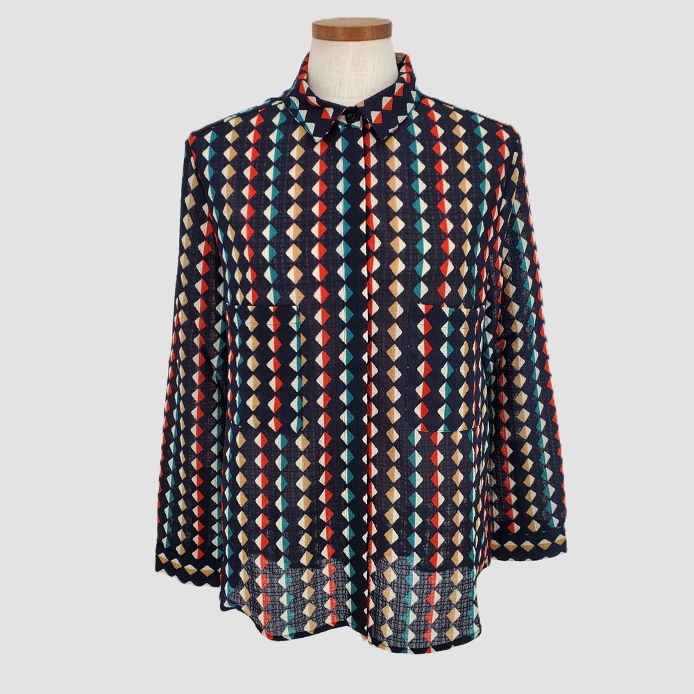 Tulip B Womens Large Geometric Harlequin Print Button Down Shirt Blue Orange Tan